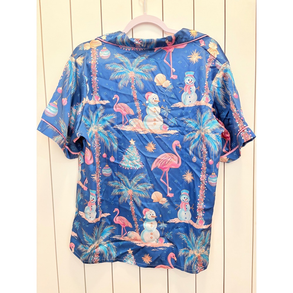 Tropical Christmas Satin Button Down Women XL Blue Flamingo Snowman Beachy - Picture 6 of 6